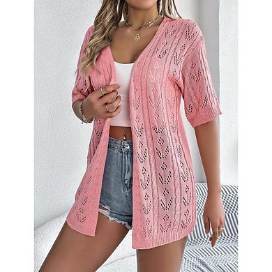 Women's Crochet Cardigan Short Sleeve Boho Oversized Open Front Knitted Cardigan