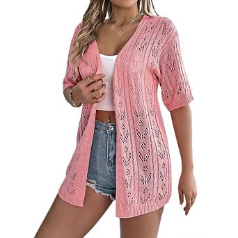 Women's Crochet Cardigan Short Sleeve Boho Oversized Open Front Knitted Cardigan