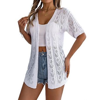 Women's Crochet Cardigan Short Sleeve Boho Oversized Open Front Knitted Cardigan
