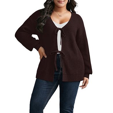 Womens Oversized Cardigan Sweater Tie Front Long Sleeve Open Front Knit Cover Up Casual Loose Tops