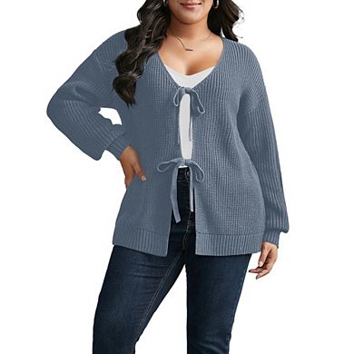 Womens Oversized Cardigan Sweater Tie Front Long Sleeve Open Front Knit Cover Up Casual Loose Tops