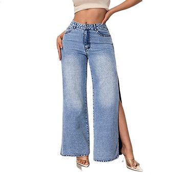 Women's Baggy Wide Leg Jeans Trendy High Waist Split Hem Boyfriend Denim Pants