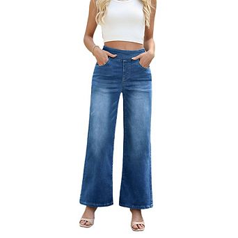 Women's Casual Stretch High Rise Loose Multi-Pocket Denim Pants Wide Leg Jeans