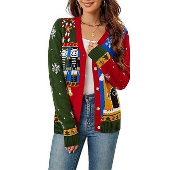 Women's Christmas Long Sleeved Knitted Jacket Contrasting Jacquard Sweater Cardigan