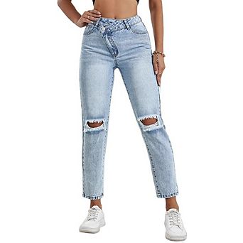 Womens High Waisted Straight Leg Ripped Jeans Distressed Frayed Raw Stretchy Capri Denim Pants