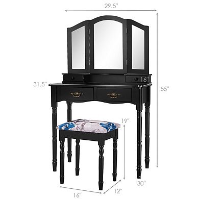 Simple Vanity Table Set with Tri-Fold Mirror and Storage Drawers-Black