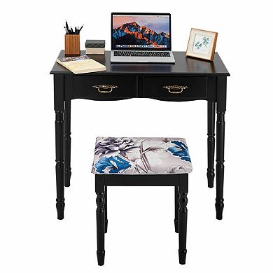 Simple Vanity Table Set with Tri-Fold Mirror and Storage Drawers-Black