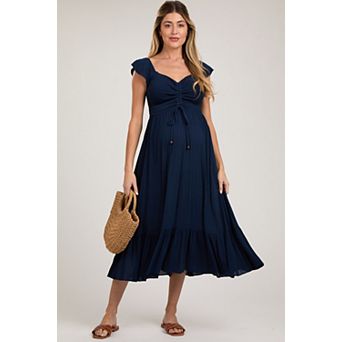 Maternity Smocked Ruched Ruffle Hem Maxi Dress