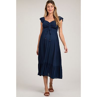 Maternity Smocked Ruched Ruffle Hem Maxi Dress