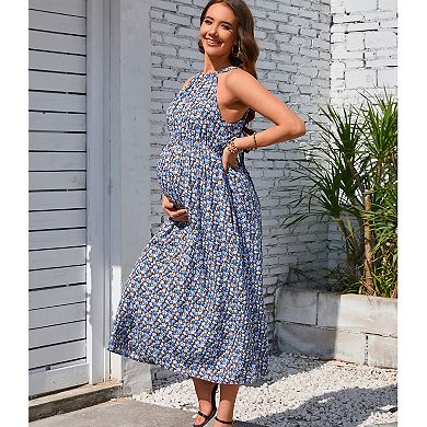 Women Maternity Halter Neck Summer Casual Boho Sundress Sleeveless Ruched Back Strap Maxi Dress