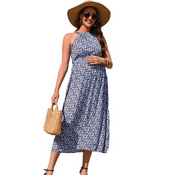 Women Maternity Halter Neck Summer Casual Boho Sundress Sleeveless Ruched Back Strap Maxi Dress