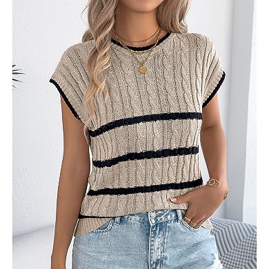 Womens Summer Spring Casual Cap Sleeve Sweater Vest Crewneck Short Sleeve Sweaters Trendy Knit Tops