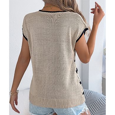 Womens Summer Spring Casual Cap Sleeve Sweater Vest Crewneck Short Sleeve Sweaters Trendy Knit Tops