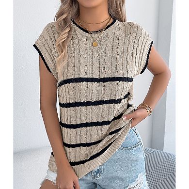 Womens Summer Spring Casual Cap Sleeve Sweater Vest Crewneck Short Sleeve Sweaters Trendy Knit Tops