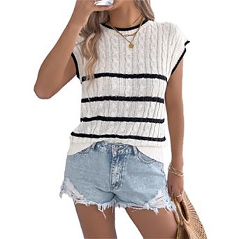 Womens Summer Spring Casual Cap Sleeve Sweater Vest Crewneck Short Sleeve Sweaters Trendy Knit Tops