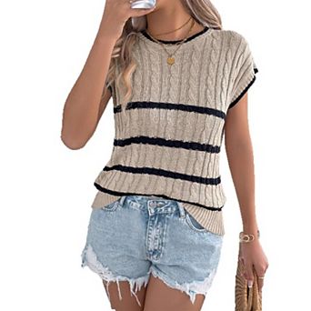 Womens Summer Spring Casual Cap Sleeve Sweater Vest Crewneck Short Sleeve Sweaters Trendy Knit Tops