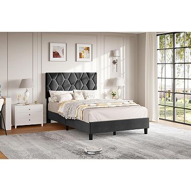 Upholstered Platform Bed Frame with Headboard, Sturdy Wood Slat Support - No Box Spring Needed