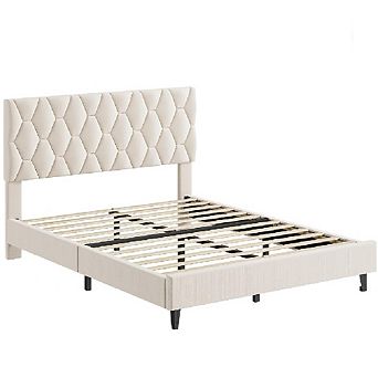 Upholstered Platform Bed Frame with Headboard, Sturdy Wood Slat Support - No Box Spring Needed