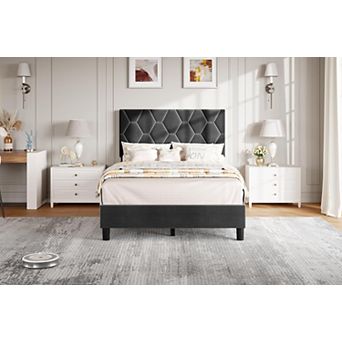 Upholstered Platform Bed Frame with Headboard, Sturdy Wood Slat Support - No Box Spring Needed