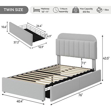Platform Bed Frame,Kids Bed Frame with Storage Headboard, 2 Rolling Drawers, Noise Free Bedframe