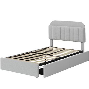 Platform Bed Frame,Kids Bed Frame with Storage Headboard, 2 Rolling Drawers, Noise Free Bedframe