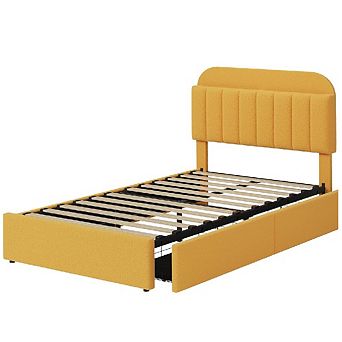 Platform Bed Frame,Kids Bed Frame with Storage Headboard, 2 Rolling Drawers, Noise Free Bedframe