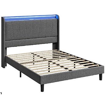 Upholstered Bed Frame with USB Charging Station & LED Lights, Storage Headboard, Noise Free Platform