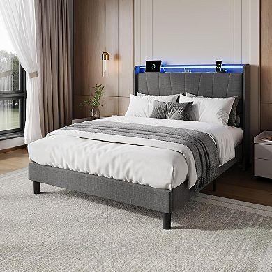 Upholstered Bed Frame with USB Charging Station & LED Lights, Storage Headboard, Noise Free Platform