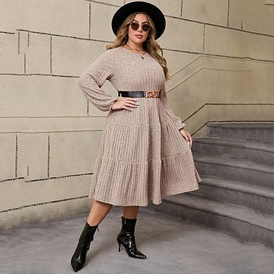Women Plus Size Dress Crew Neck Long Sleeve Midi Sweater Dresses with Pockets