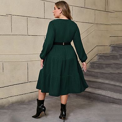Women Plus Size Dress Crew Neck Long Sleeve Midi Sweater Dresses with Pockets