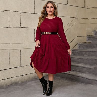Women Plus Size Dress Crew Neck Long Sleeve Midi Sweater Dresses with Pockets