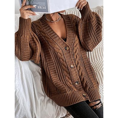 Women's Cable Knit Cardigan Sweater Lantern Long Sleeve Chunky Coats