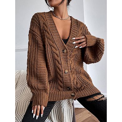 Women's Cable Knit Cardigan Sweater Lantern Long Sleeve Chunky Coats