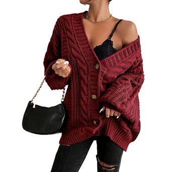 Women's Cable Knit Cardigan Sweater Lantern Long Sleeve Chunky Coats