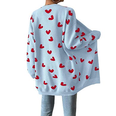 Women's Heart Cardigan Sweater Oversized Valentine's Day Cardigan Cute Heart Print
