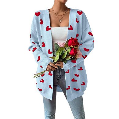 Women's Heart Cardigan Sweater Oversized Valentine's Day Cardigan Cute Heart Print