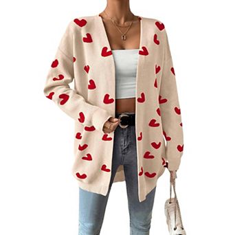 Women's Heart Cardigan Sweater Oversized Valentine's Day Cardigan Cute Heart Print