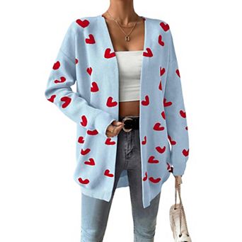 Women's Heart Cardigan Sweater Oversized Valentine's Day Cardigan Cute Heart Print
