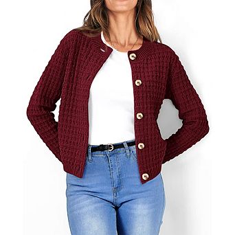 Women Cropped Cardigan Sweater Crew Neck Button up Knit Coat