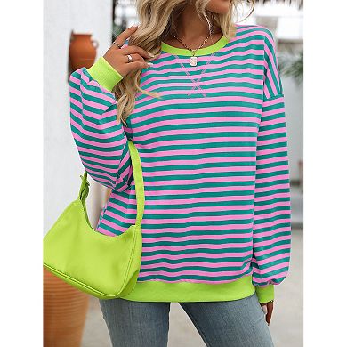 Women Loose Striped Crewneck Sweatshirt Color Block Pullover Tops
