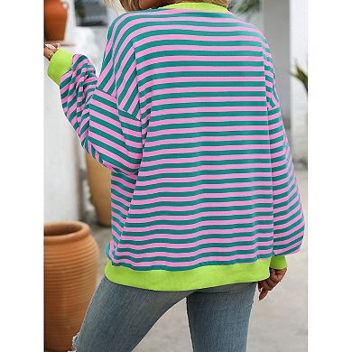 Women Loose Striped Crewneck Sweatshirt Color Block Pullover Tops