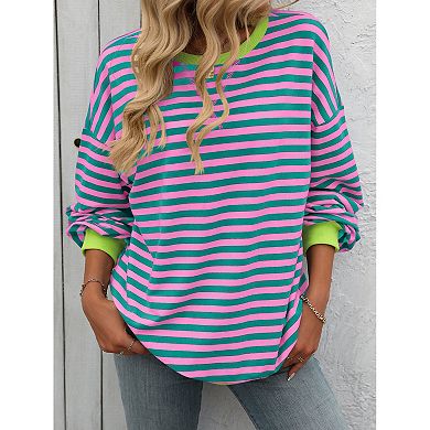 Women Loose Striped Crewneck Sweatshirt Color Block Pullover Tops