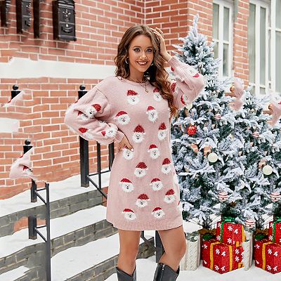 Women Christmas Sweater Clothes Long Sleeve Santa Knit Dress