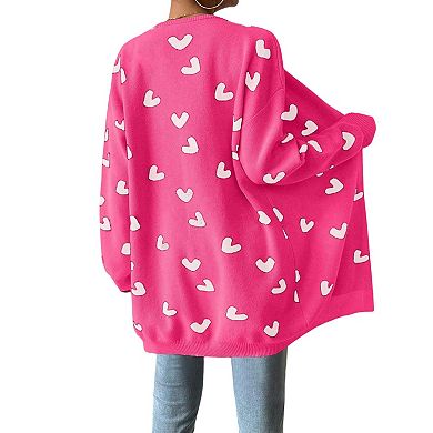 Women's Heart Cardigan Sweater Oversized Valentine's Day Cardigan Cute Heart Print