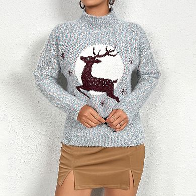 Women's Christmas Turtleneck Sweater Reindeer Xmas Knit Pullover Tops
