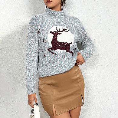 Women's Christmas Turtleneck Sweater Reindeer Xmas Knit Pullover Tops