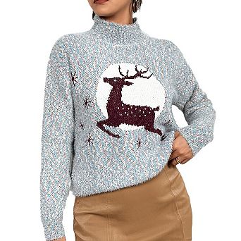 Women's Christmas Turtleneck Sweater Reindeer Xmas Knit Pullover Tops