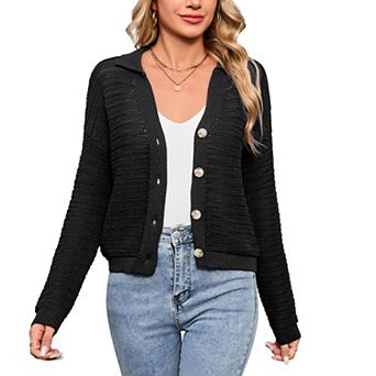 Women Lightweight Lapel Collar Hollow Out Cardigan Sweaters