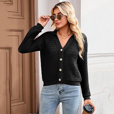 Women Lightweight Lapel Collar Hollow Out Cardigan Sweaters
