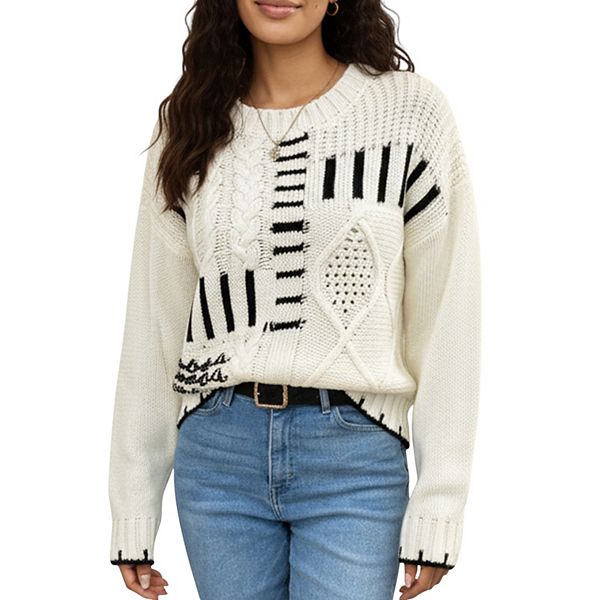 Women's Textured Patchwork Cable Knit Sweater with Long Sleeves